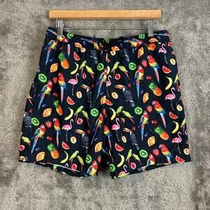 Asos  Swim Trunks Shorts Parrots Fruit Print Medium M Black Hawaiian Beachy